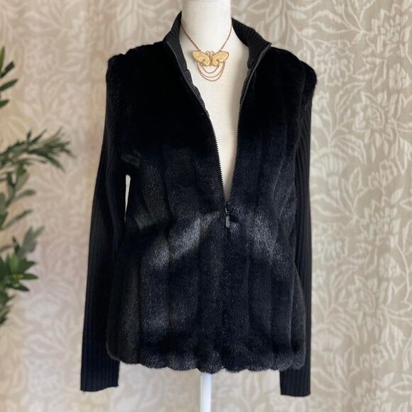 Vintage 90s Kathie Lee Collection Black Knit Faux Fur Jacket Whimsygoth Size S - Picture 1 of 8